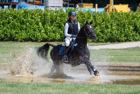 Braaklander Boomerang, Reitpony-Hengst, galoppiert mit Reiterin durch den Wassergraben