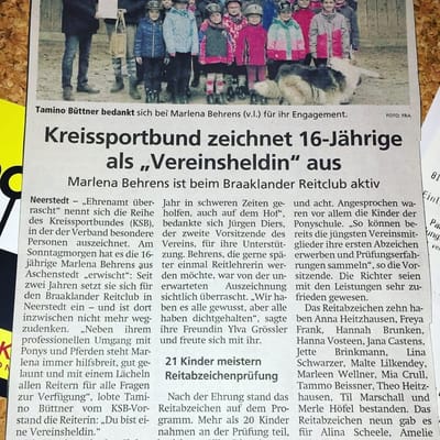 Zeitungsartikel: Kreissportbund zeichnet Marlena Behrens als „Vereinsheldin“ aus