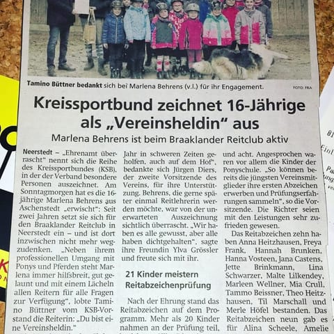 Zeitungsartikel: Kreissportbund zeichnet Marlena Behrens als „Vereinsheldin“ aus
