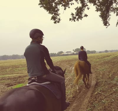 Zwei Reiter beim Ausritt am Feldrand, aus dem Sattel fotografiert