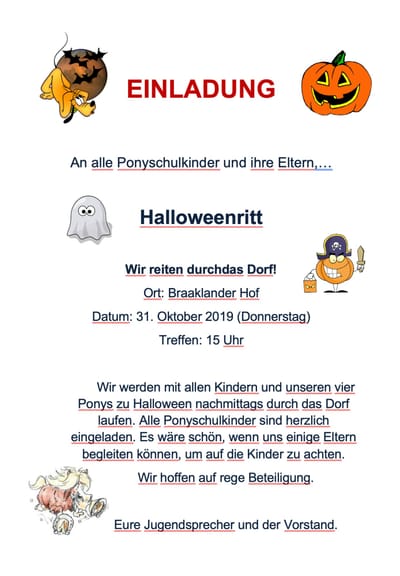 Einladung zum Halloweenritt der Ponyschulkinder durch das Dorf am 31. Oktober 2019