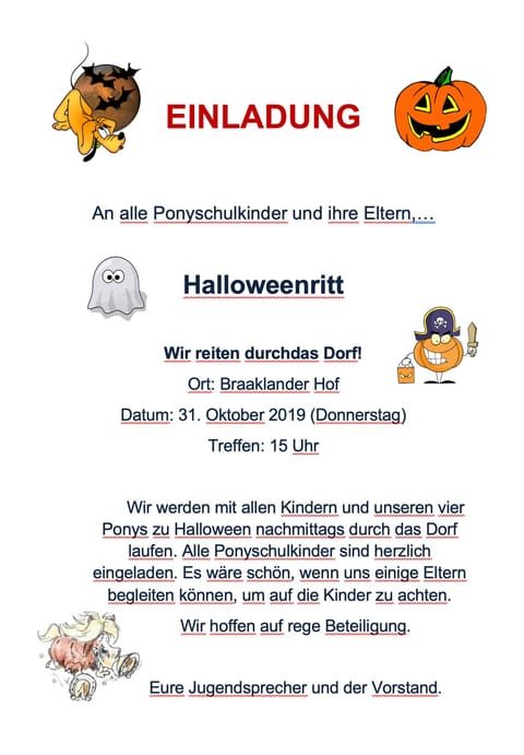 Einladung zum Halloweenritt der Ponyschulkinder durch das Dorf am 31. Oktober 2019