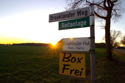 Wegweiser „Braaklander Weg – Reitanlage“ und Schild „Box frei“ am Braaklander Hof im Sonnenuntergang