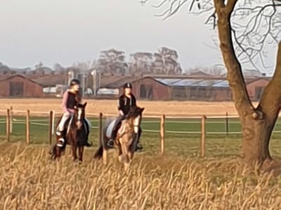 Zwei Reiterinnen auf Ponys am Feldrand vor den Stallgebäuden